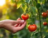 Main d'une personne cueillant une tomate mûre sur une branche. La question "faut il arroser les tomates tous les jours" flotte dans l'air.