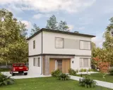 Nowoczesny dom kostka z jasną elewacją, drewnianymi elementami przy wejściu i otaczającą go zielenią.