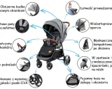 Szara spacerówka Kinderkraft z regulowanym oparciem, podnóżkiem, obszerną budką i koszem. Łatwe składanie, prowadzenie i bezpieczeństwo.