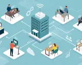 Illustration d'un bureau central connecté à plusieurs employés en télétravail. Le nombre de jours maximum de télétravail dans le secteur privé est représenté par ce réseau.