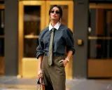 Donna con un audace outfit con cravatta, camicia a quadri, pantaloni kaki e borsa di lusso.