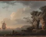 Ein romantisches landschaftsbild kunst mit Segelschiffen, Felsen und Menschen am Ufer.