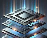Strati di un sensore CMOS con circuiti complessi e fasci di luce che salgono, simboleggiando l'elaborazione dati.