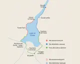 Mapa tras rowerowych wokół jeziora Garda. Różne kolory oznaczają trasy dla zaawansowanych, rekreacyjne i rodzinne.