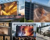 Wielkoformatowe banery reklamowe i drukowanie etykiet samoprzylepnych: reklama mody, koncert rockowy, nowoczesny dom i budowa.