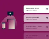 Benachrichtigungen für WLAN-Netzwerke: "American Bar WLAN", "Sehr sicheres WLAN", "BUNGA-BUNGA – Gratis" und "Wer sich verbindet, ist verloren".