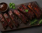 Délicieux ribs de porc laqués, servis sur une planche en bois avec une sauce barbecue et des herbes fraîches.