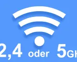 WLAN-Symbol mit der Frage: 2,4 GHz oder 5 GHz? Schnelles Internet für zuhause.