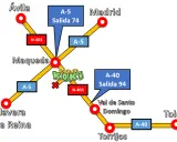 Mapa de carreteras con el zoo Koki en Maqueda, indicando rutas desde Ávila, Madrid, Talavera de la Reina y Toledo.
