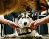 Husky z niebieskimi oczami czeka na jedzenie. Dwie ręce trzymają miskę, pokazując, jak podawać Bentoactiv.