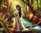 Eine Nymphe, die die Bedeutung von Natur und Schönheit verkörpert, steht in einem blumenbedeckten Kleid an einem Bach im Wald.