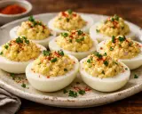 Plate of delicious oeufs mimosa, garnished with paprika and parsley.