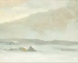 En dimmig vintersjö med snötäckta hus och varma ljus som lyser genom fernissa oljemålning.