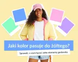 Uśmiechnięta dziewczyna w żółtej kurtce i różowej czapce. Obok kolorowe kwadraty. Jaki kolor pasuje do złotego? Sprawdź, z czym łączyć żółte elementy garderoby.