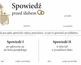 Dokument "Spowiedź przed ślubem" z miejscem na pieczątkę, dane penitenta i nr protokołu. Zawiera instrukcję i sekcje na dwie spowiedzi.