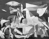 Picasso's Guernica, a powerful and controversial art piece, depicts the horrors of war with a bull, a screaming horse, and anguished figures.