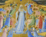 Tableau assomption de la vierge. La Vierge Marie, entourée d'anges musiciens, s'élève vers le ciel dans une gloire dorée.