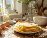 Pile de crêpes dorées saupoudrées de sucre glace, avec des œufs et de la farine sur la table. Une recette de crepe sans oeuf facile à réaliser.