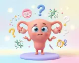 Útero de dibujos animados con expresión de confusión, rodeado de signos de interrogación, un calendario, ADN y un termómetro. ¿Cuánto puede retrasarse la regla?