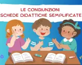 Bambini imparano le congiunzioni scuola primaria con schede didattiche. Parole come "ma", "e", "se", "perciò" sono evidenziate.