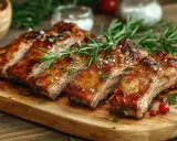 Costillas de cerdo jugosas y glaseadas, adornadas con romero fresco y sal gruesa, servidas en tabla de madera.