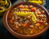 Un cuenco de barro con pochas a la navarra, un guiso reconfortante de alubias blancas, verduras y un pimiento verde.