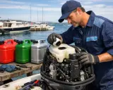 Mécanicien remplissant un moteur hors-bord avec de l'essence 95 ou 98. Bidons de carburant rouges, verts et argentés à proximité.