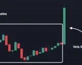 Gráfico de velas mostrando "Velas Normales" y una "Vela Momentum" que indica un fuerte impulso en el trading.