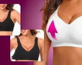 Un reggiseno disegno con pizzo nero, mostrato in due inquadrature, e un reggiseno bianco con frecce rosa che indicano un effetto push-up.