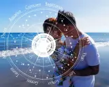 Zakochana para na plaży, otoczona kołem zodiaku. Sprawdź, numerologiczna 7 do kogo pasuje, by stworzyć idealny związek.