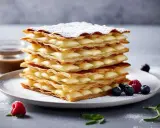 Un déliceux mille-feuille de pommes, garni de crème pâtissière et saupoudré de sucre glace, avec des baies fraîches.