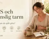 Kvinna med handen på magen, text om IBS och känslig tarm. Fokus på lugn, mat, rytm och matsmältning.
