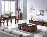 Ett modernt vardagsrum med en elegant tv möbel i trä, soffa och matgrupp.