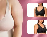 Primo piano di una donna con grande tette in un reggiseno color carne. A destra, due reggiseni neri indossati da modelle.