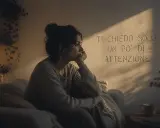 Donna pensierosa sul divano, illuminata da un raggio di sole. Le parole "Ti chiedo solo un po' di attenzione" sembrano un grido silenzioso contro il narcisista che non ascolta.