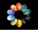 Krąg monet z logo Bitcoin, Ethereum, Cardano i innymi symbolami kryptowalut. Wartość tych aktywów może budzić FUD, ale ich popularność rośnie.