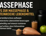 Tipps für die Massephase: proteinreiche Lebensmittel wie Hähnchen, Ei und Shake sind wichtig. Kalorienüberschuss und Training sind entscheidend.