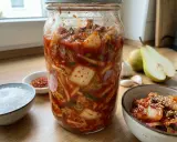 Stor burk med hemgjord kimchi, redo för fermentering. Ingredienser som chili, vitlök och päron syns i bakgrunden. Ett perfekt kimchi recept!