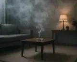 Dym papierosowy unosi się nad popielniczką na stoliku. Jak usunąć zapach papierosów ze ścian? W salonie z kanapą i lampką.