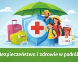 Rodzina pod parasolem ochrony z bagażem, apteczką i paszportem.