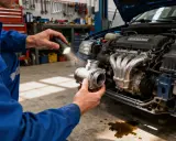 Mécanicien examinant une pièce métallique sous la lumière d'une lampe torche, près d'un moteur de voiture.