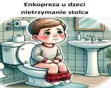 Smutny chłopiec siedzi na toalecie. Obrazek ilustruje problem nietrzymania stolca u dzieci i sugeruje domowe sposoby na jego rozwiązanie.