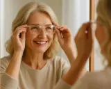 Uśmiechnięta kobieta z blond włosami przymierza okulary. Jasne oprawki które odmładzają podkreślają jej urodę.