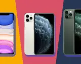 Trzy modele iPhone'ów w różnych kolorach: fioletowym, białym i zielonym. Widać ich tylne aparaty i ekrany. To świetne iphone porownanie.
