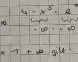 Grenzwertuntersuchung: lim (4-x⁵eˣ) für x→∞ ergibt -∞. Das globale Verhalten der Funktion ist also negativ unendlich.