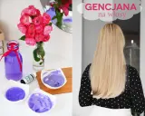 Fioletowe kosmetyki i bukiet róż. Na drugim planie blond włosy, które zyskają blask dzięki gencjanie na włosy.