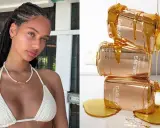 Ragazza con pelle abbronzata e tre flaconi dorati di doposole Darling ricoperti di miele.