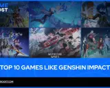 Kolaż z grafikami z gier, w tym Honkai: Star Rail i Wuthering Waves, prezentujący gry podobne do Genshin Impact.