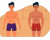 Mann vor und nach dem Abnehmen ohne Muskelabbau. Deutlich sichtbare Transformation von einem etwas fülligeren Körper zu einem definierten Sixpack.