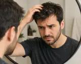 Mężczyzna zmartwiony łupieżem na ciemnych włosach, który osypuje się na jego koszulkę. Nawet jego **baby hair** wydają się być dotknięte problemem.